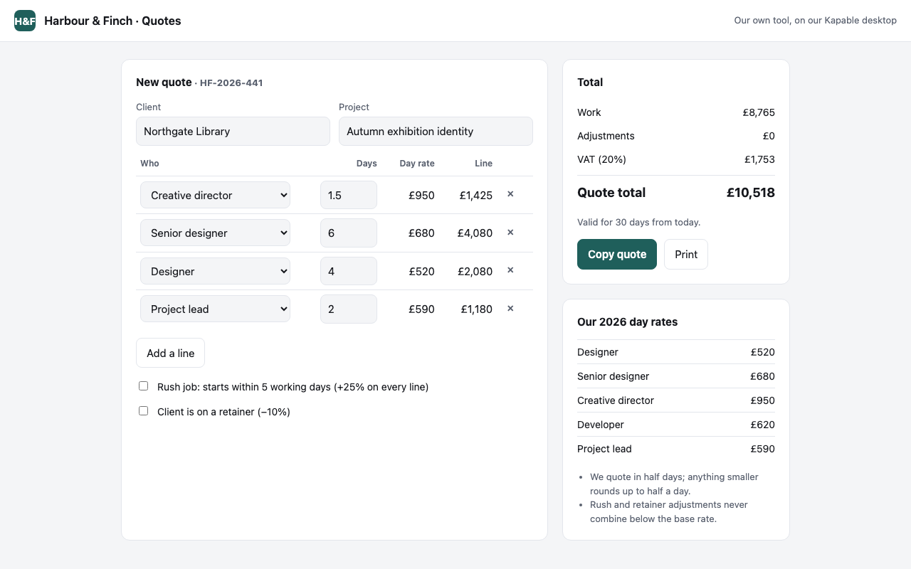 The Harbour & Finch quote builder, open on a quote for Northgate Library: four lines of work priced by role and days, a total of &pound;10,518 with 20% VAT, and the studio&rsquo;s 2026 day rates, from &pound;520 for a designer to &pound;950 for a creative director.